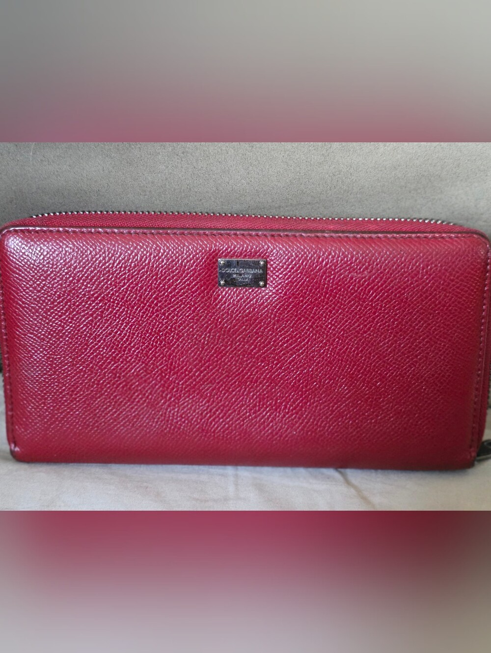 Dolce & Gabbana Red Saffiano Leather Zip Around Wallet Logo Plaque